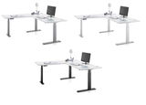 Moderner E-Eckschreibtisch mit höhenverstellbaren Beinen, ausgestattet mit Monitor, Lampe und Schreibtischzubehör, aus verschiedenen Perspektiven gezeigt.
