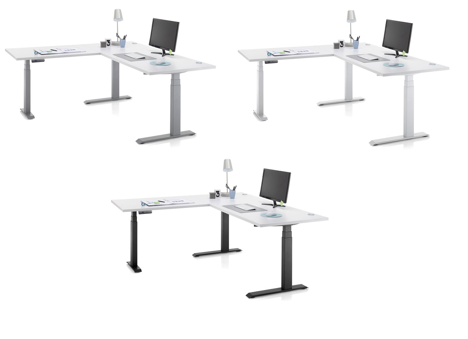 Moderner E-Eckschreibtisch mit höhenverstellbaren Beinen, ausgestattet mit Monitor, Lampe und Schreibtischzubehör, aus verschiedenen Perspektiven gezeigt.