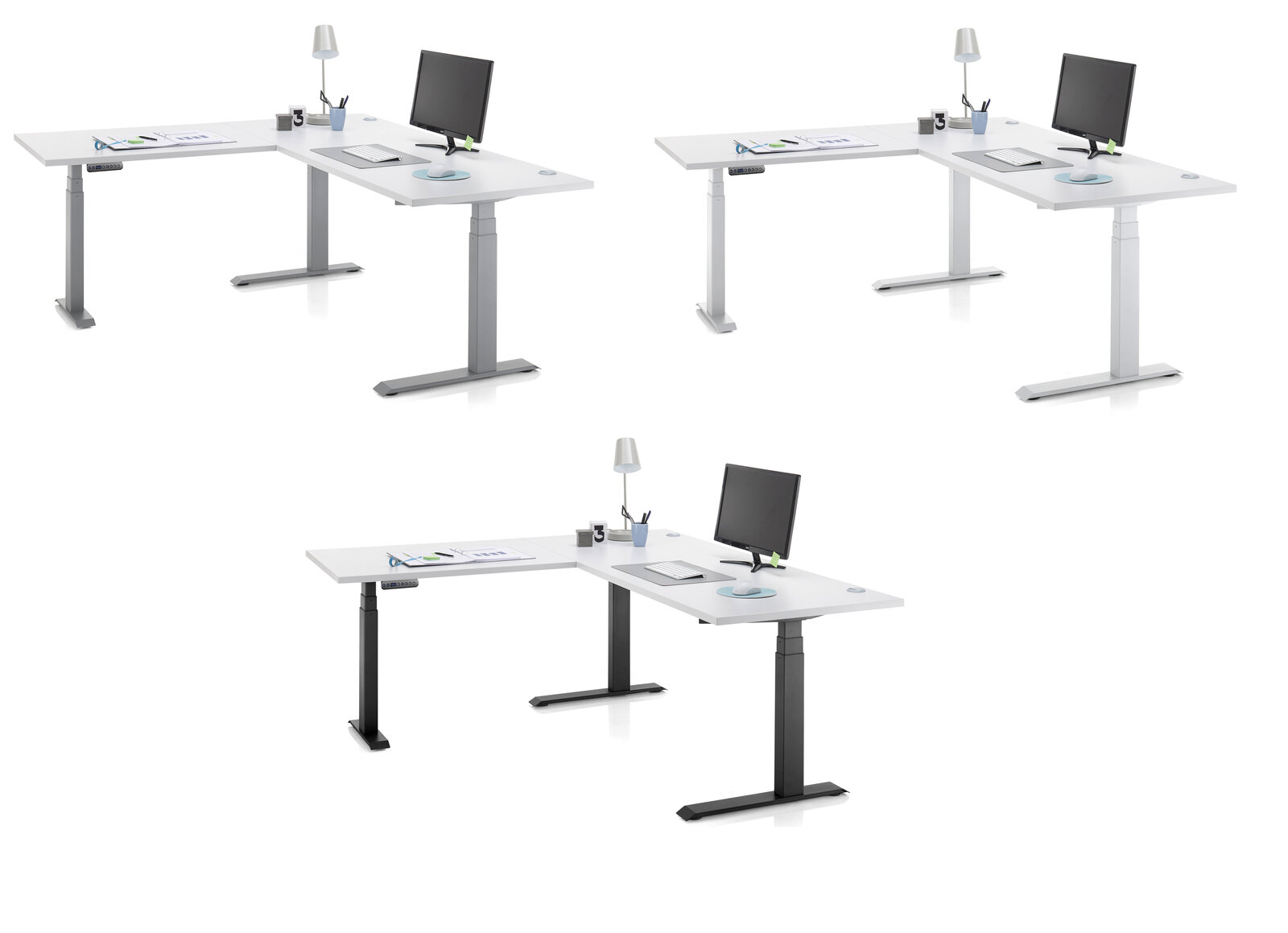 Moderner E-Eckschreibtisch mit höhenverstellbaren Beinen, ausgestattet mit Monitor, Lampe und Schreibtischzubehör, aus verschiedenen Perspektiven gezeigt.