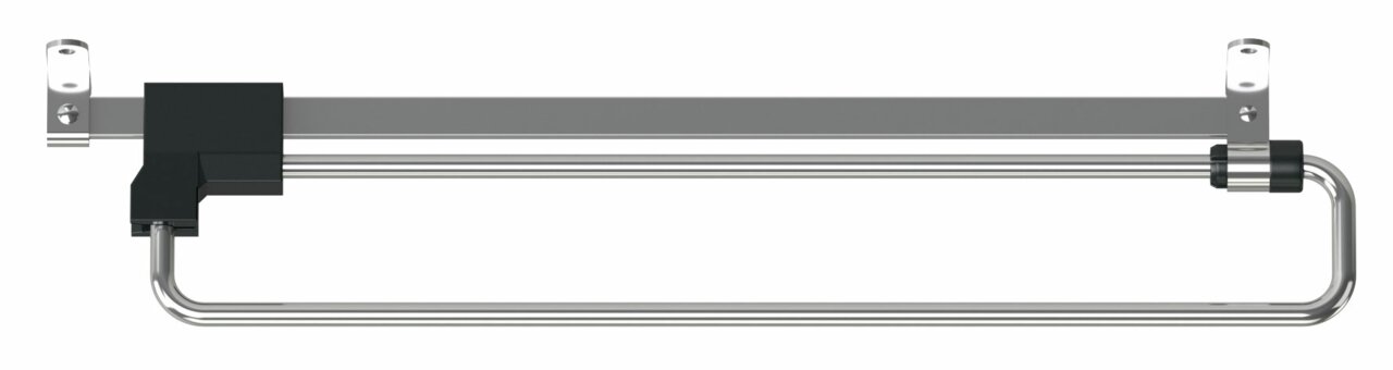 Ausziehbare Kleiderstange in seitlicher Ansicht, montiert an einer Wandhalterung, mit einem modernen, schlanken Design aus Metall.