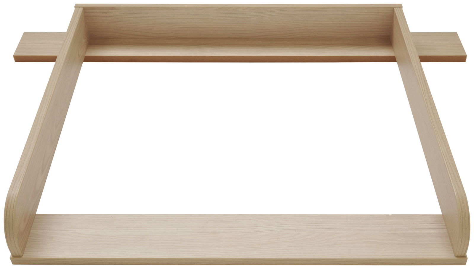 Wickelaufsatz aus Holz in Draufsicht, rechteckige Form mit erhöhten Seitenrändern.