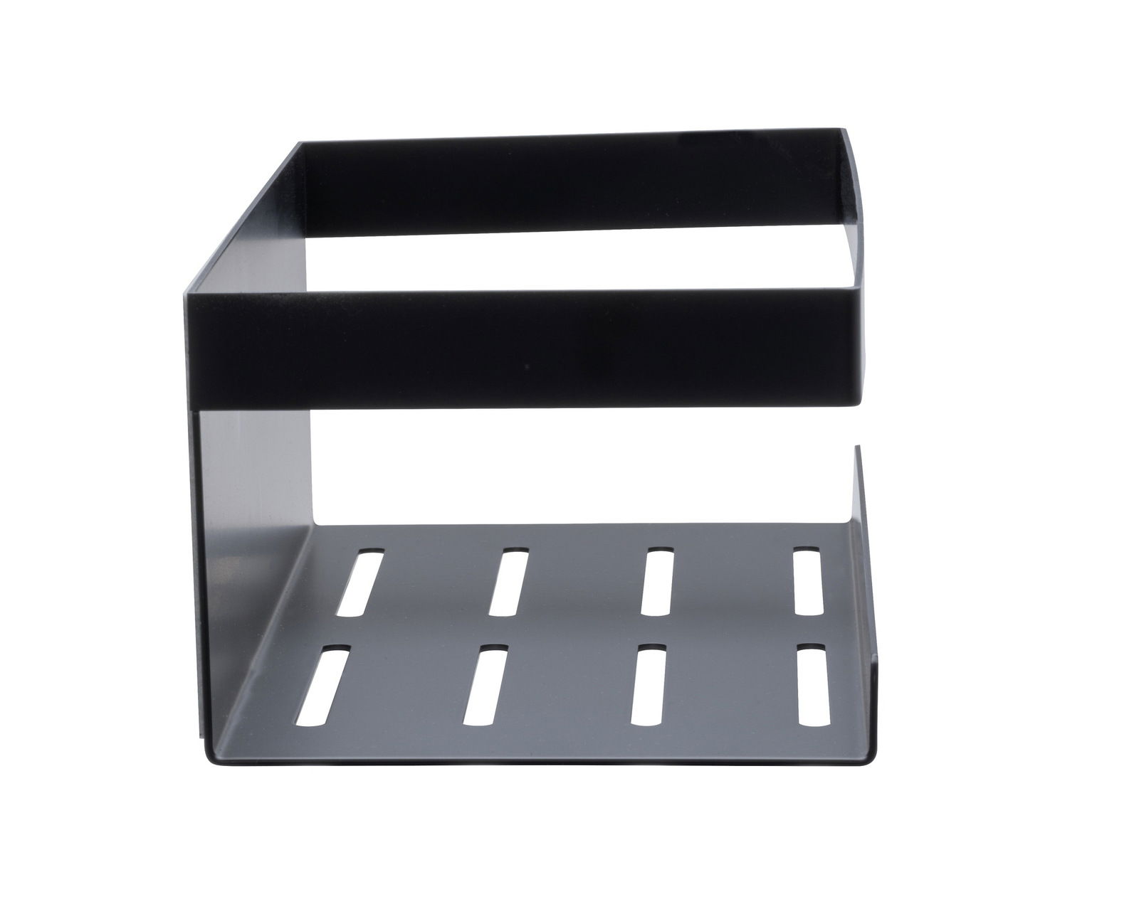 Schwarze Wandablage Meleto aus Metall mit Schlitzen, frontale Perspektive