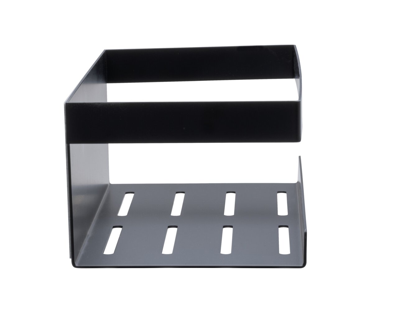 Schwarze Wandablage Meleto aus Metall mit Schlitzen, frontale Perspektive
