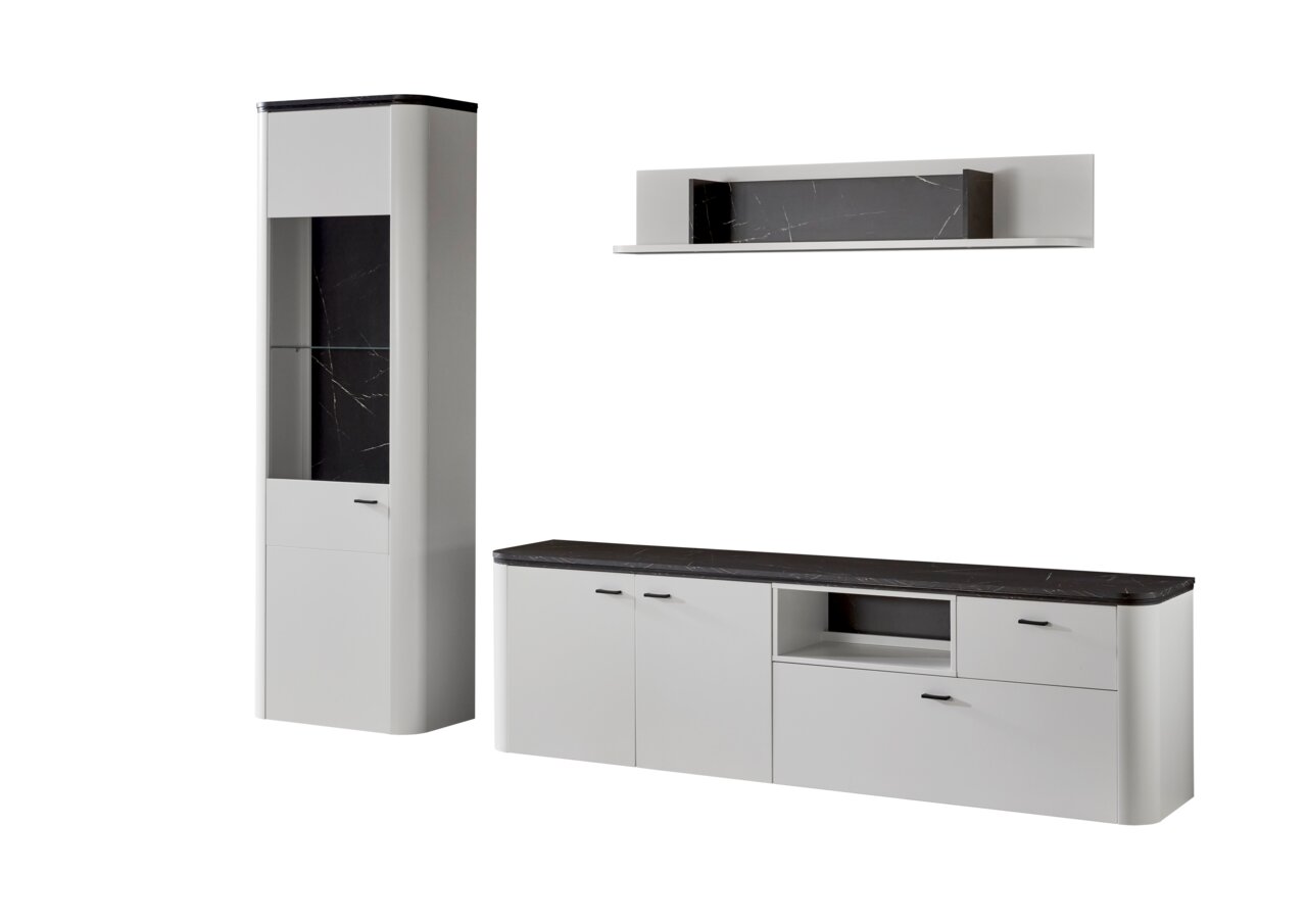 Zurbrüggen Wandkombination WAVE Moderne Wandkombination WAVE in Weiß mit schwarzer Marmoroptik, bestehend aus einem hohen Schrank, einem langen Sideboard und einem Wandregal, frontal betrachtet.