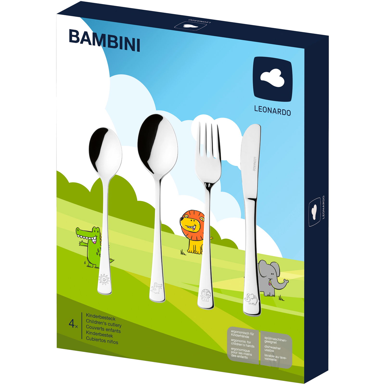 Kinderbesteck 4-teilig mit Tiermotiven, Vorderansicht der Verpackung