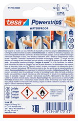 Rückseite der Verpackung von tesa Powerstrips Waterproof S, zeigt Anwendungshinweise und Sicherheitsinformationen.