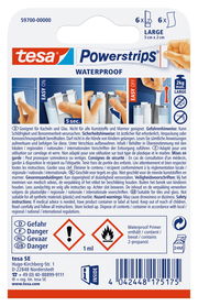 Rückseite der Verpackung von tesa Powerstrips Waterproof S, zeigt Anwendungshinweise und Sicherheitsinformationen.