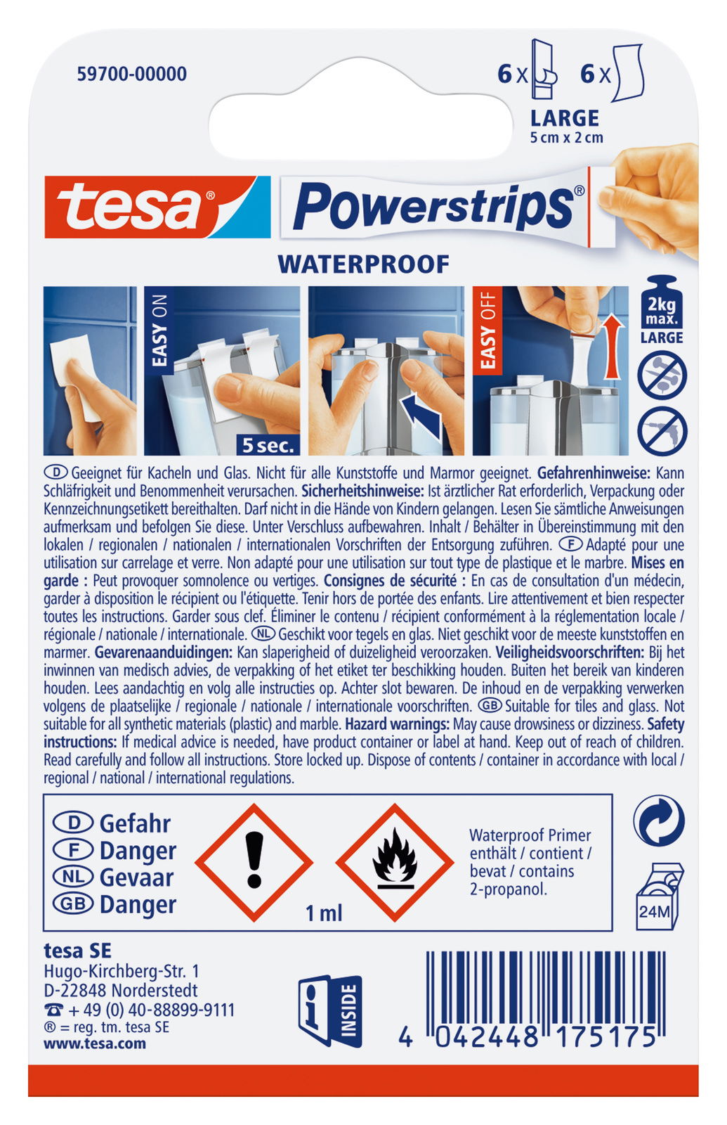 Rückseite der Verpackung von tesa Powerstrips Waterproof S, zeigt Anwendungshinweise und Sicherheitsinformationen.