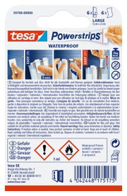 Op de achterkant van de verpakking van tesa Powerstrips Waterproof S staan gebruiksaanwijzingen en veiligheidsinformatie.