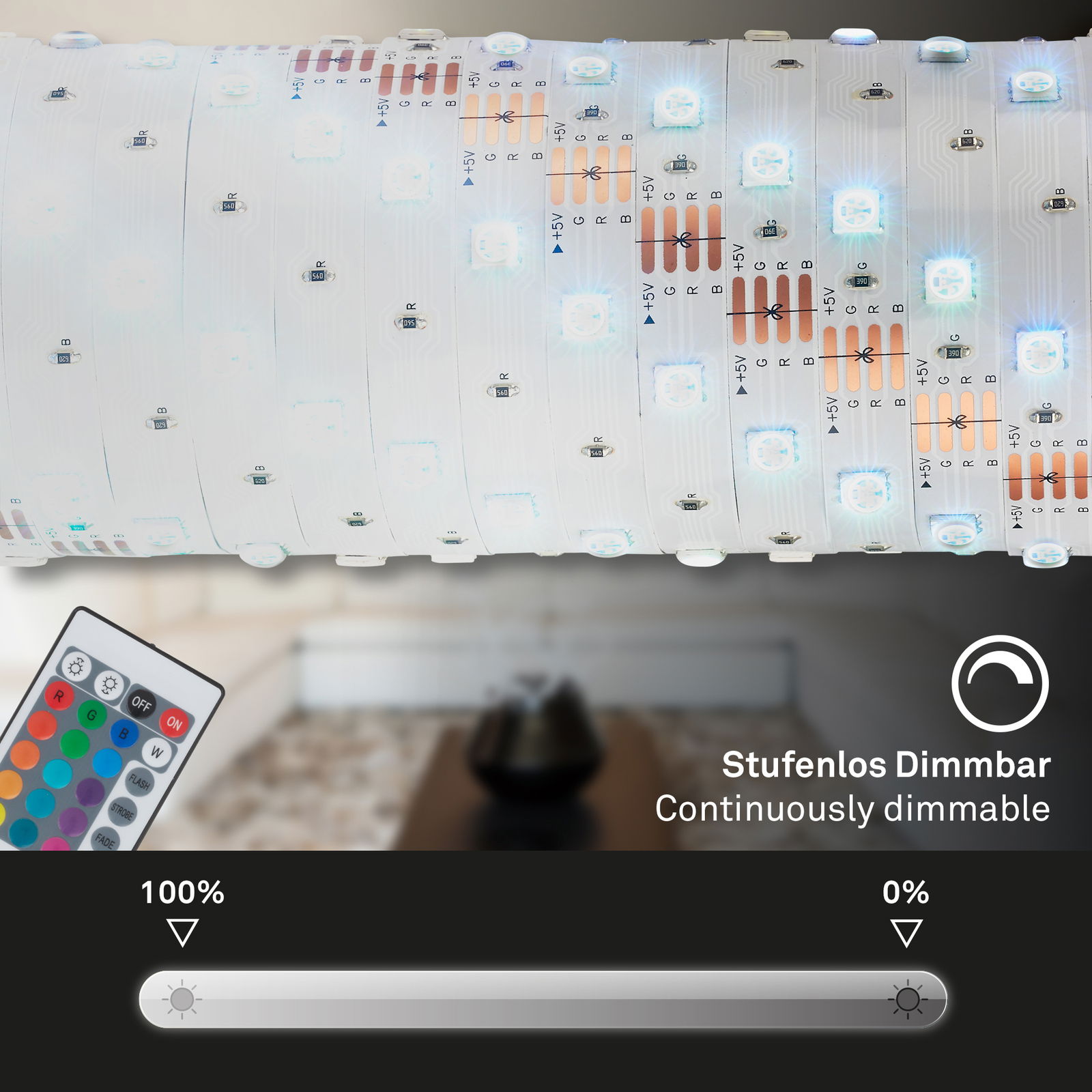 Nahaufnahme eines 4m langen USB RGB-LED Flexbands mit Fernbedienung, stufenlos dimmbar, aus der Seitenperspektive.