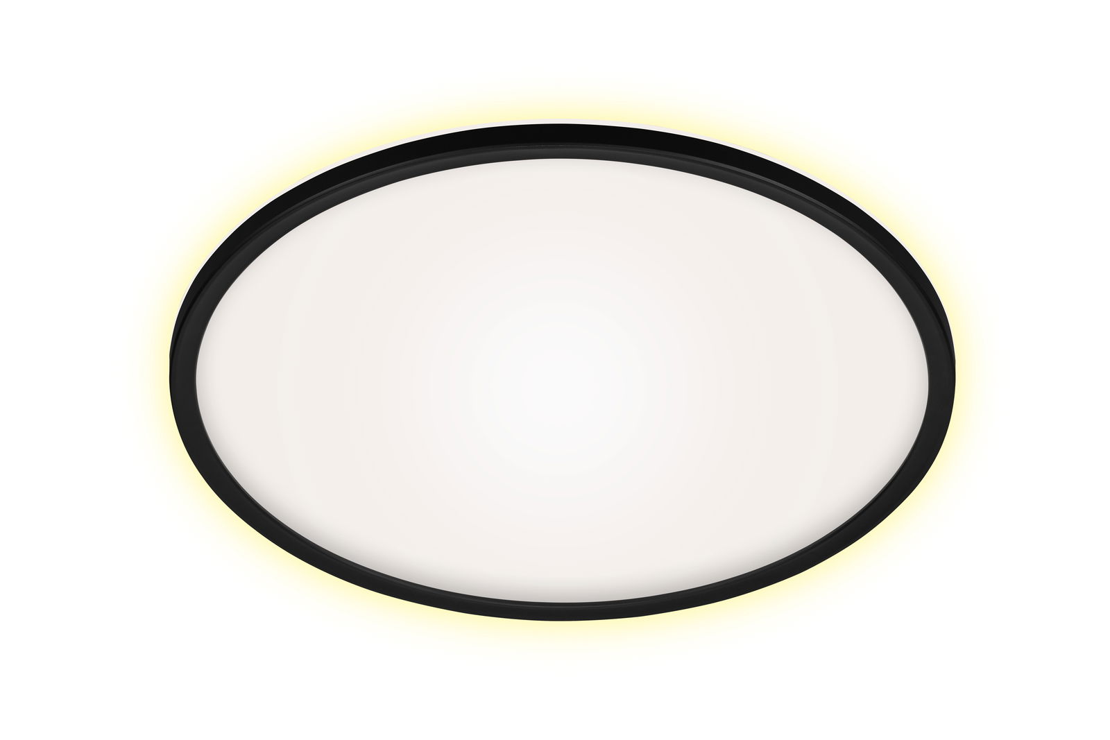 Runde LED-Deckenleuchte mit schwarzem Rahmen, von unten betrachtet, mit sanftem gelbem Lichtschein.