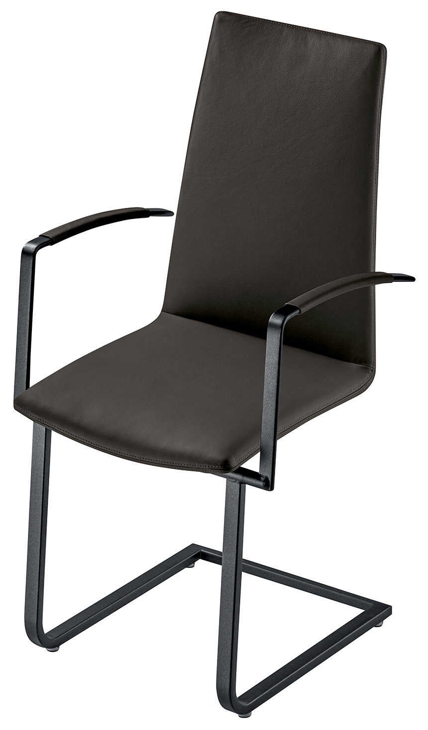 Moderner Sessel mit schwarzem Lederbezug und Metallgestell, seitliche Perspektive