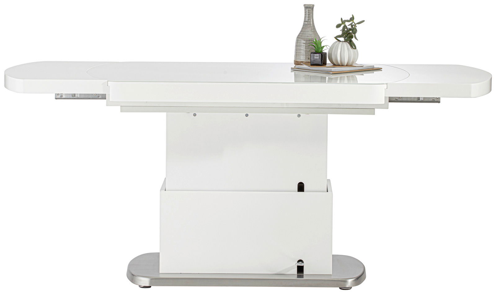Moderner weißer Couchtisch mit ausziehbarer Tischplatte, seitliche Perspektive