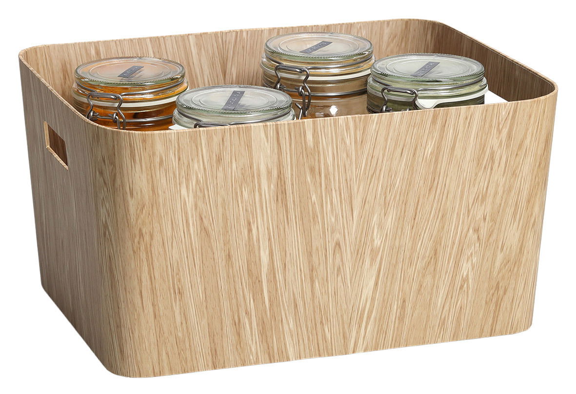 Aufbewahrungsbox aus Pappe in Holzoptik, gefüllt mit Einmachgläsern, seitliche Perspektive