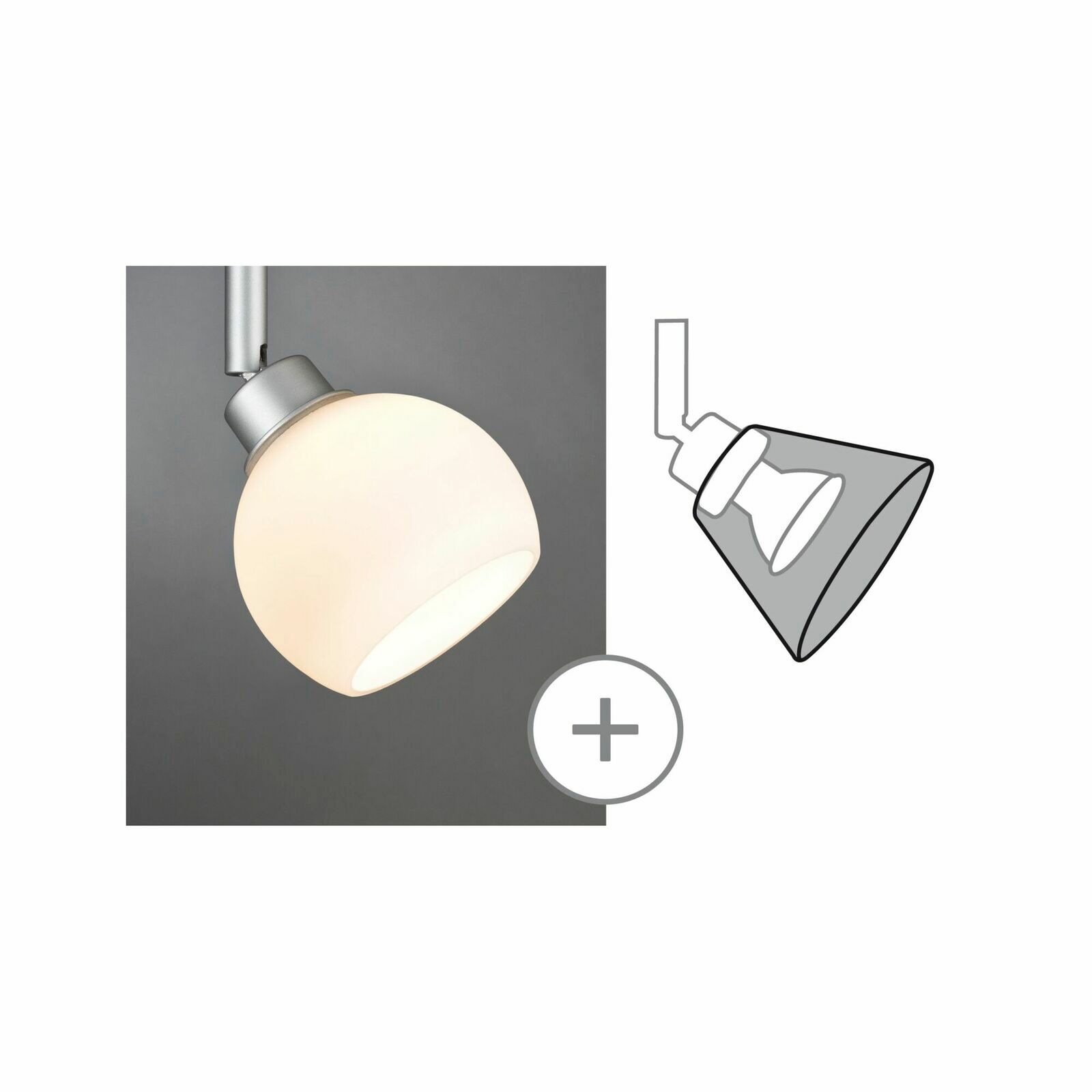 Dekoschirm Wolbi in seitlicher Perspektive, zeigt eine runde, weiße Lampenabdeckung mit silbernem Anschluss.