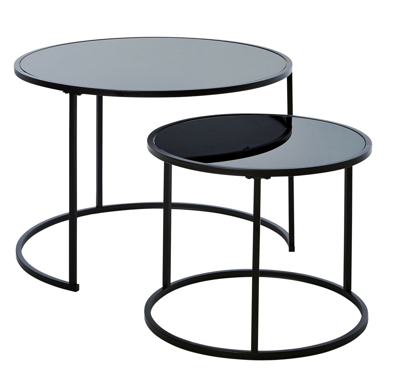 Zweier-Set Couchtische mit runden Glasplatten und schwarzen Metallrahmen, seitliche Perspektive
