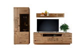 Frontale Ansicht einer modernen Wandkombination aus Holz mit einem hohen Schrank, einem TV-Schrank und einem Wandregal. Der Schrank hat Glastüren, der TV-Schrank bietet Platz für einen Fernseher und Dekorationen. Das Wandregal ist mit Vasen und Büchern de