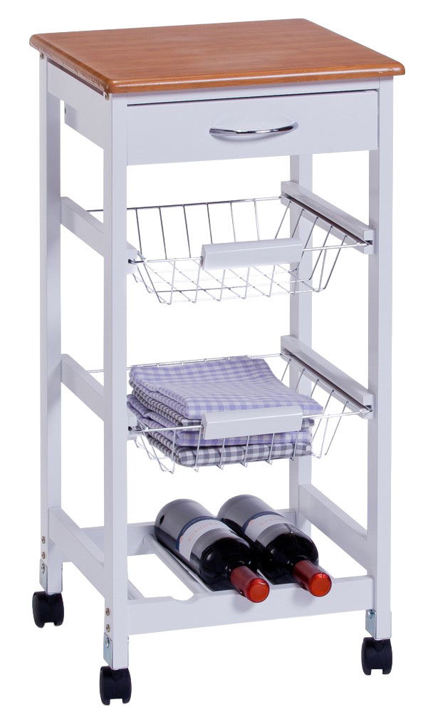 Küchenrollwagen mit Holzplatte, Schublade, zwei Drahtkörben und Weinflaschenhalter, seitliche Perspektive