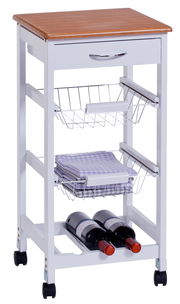 Küchenrollwagen mit Holzplatte, Schublade, zwei Drahtkörben und Weinflaschenhalter, seitliche Perspektive