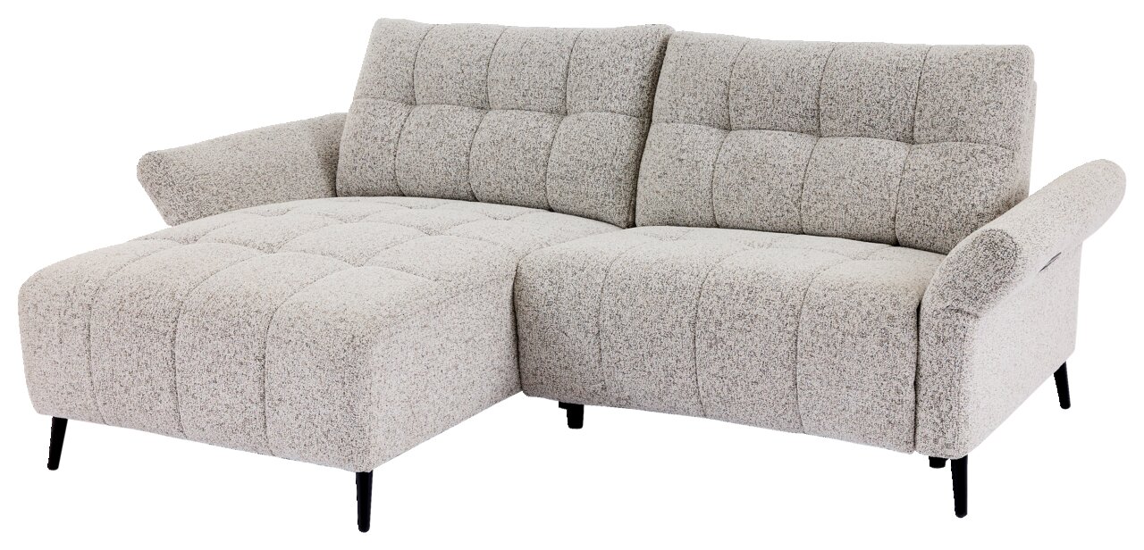 Ecksofa DULA in hellgrauem Stoff mit moderner Steppung, linke Perspektive