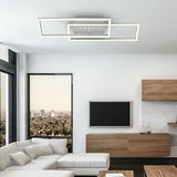 Moderne LED Deckenleuchte mit rechteckigem Design, von unten betrachtet in einem stilvollen Wohnzimmer.
