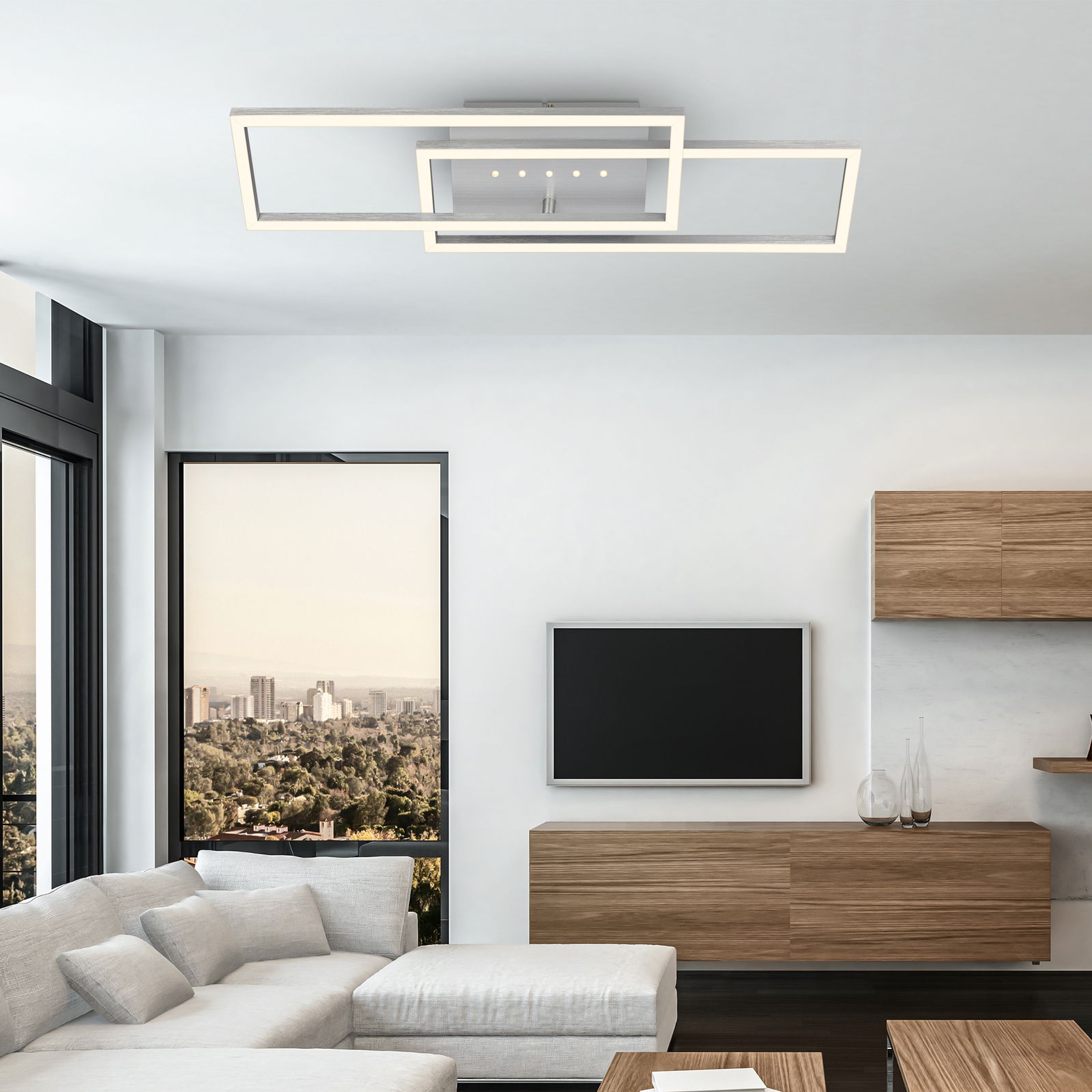 Moderne LED Deckenleuchte mit rechteckigem Design, von unten betrachtet in einem stilvollen Wohnzimmer.