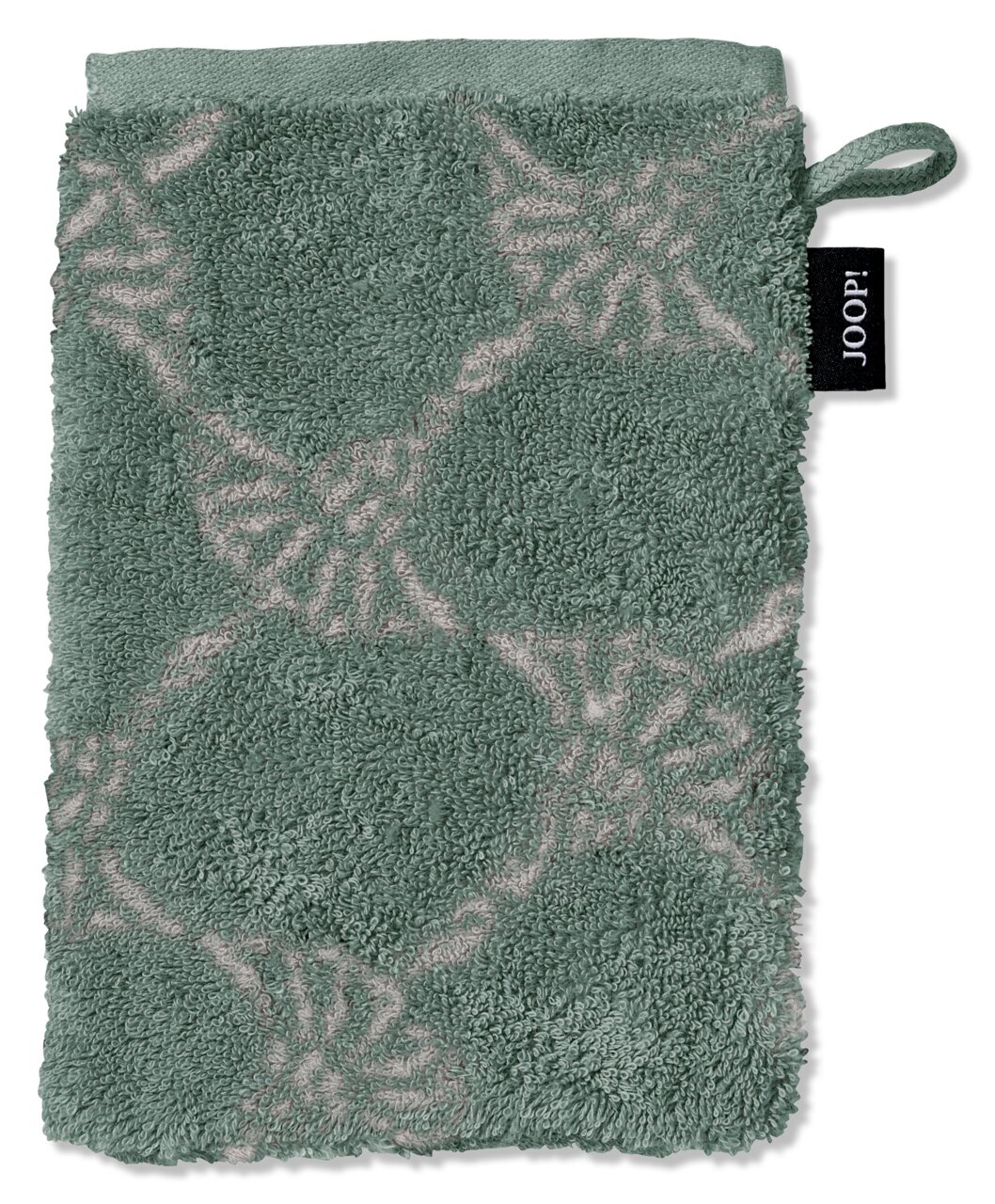 Grüner Waschhandschuh mit floralem Muster und Schlaufe, Vorderansicht