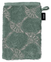 Grüner Waschhandschuh mit floralem Muster und Schlaufe, Vorderansicht