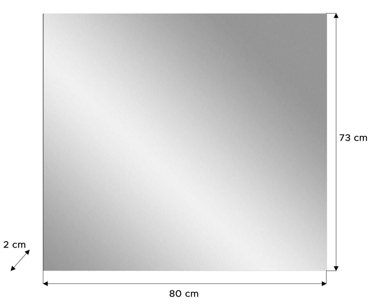 Rechteckiger Spiegel mit den Maßen 80 cm x 73 cm x 2 cm, frontal abgebildet.