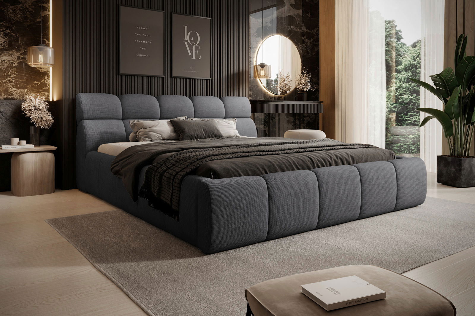 Modernes Polsterbettgestell in einem stilvollen Schlafzimmer, seitliche Perspektive