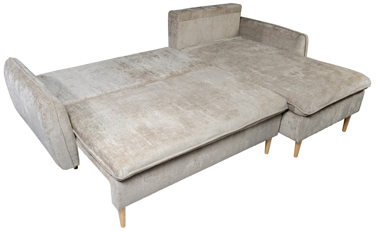 Beige Ecksofa mit Holzfüßen, von oben betrachtet, in ausgeklappter Position.