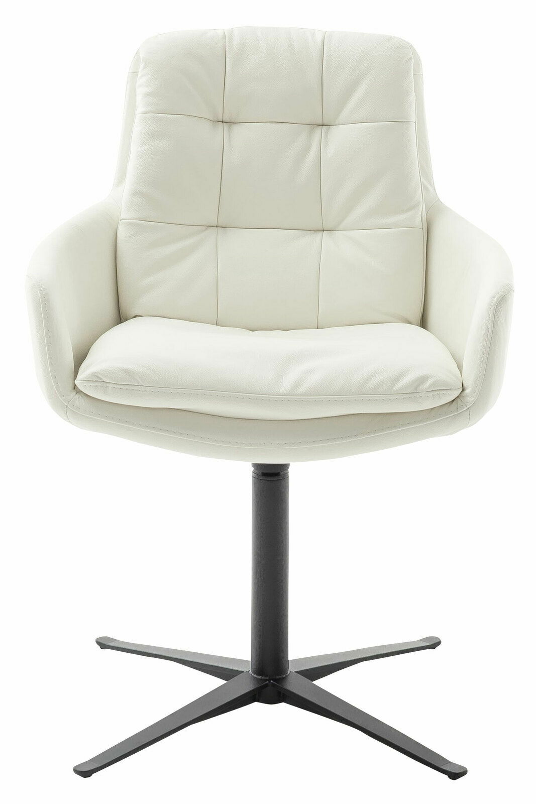 Weißer Armlehnstuhl mit gepolsterter Sitzfläche und Rückenlehne, auf schwarzem Drehfuß, Frontalansicht