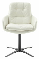 Weißer Armlehnstuhl mit gepolsterter Sitzfläche und Rückenlehne, auf schwarzem Drehfuß, Frontalansicht