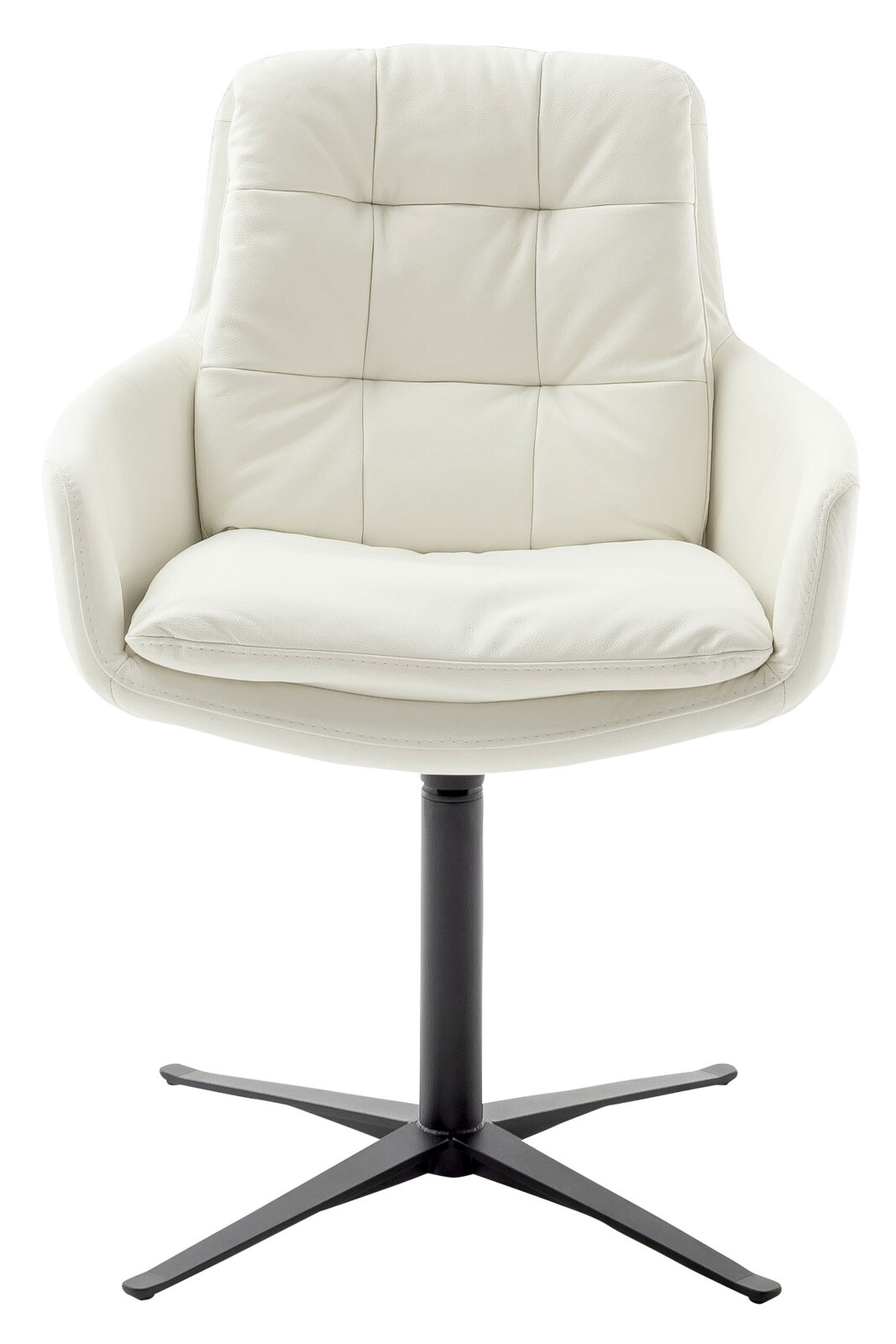 Weißer Armlehnstuhl mit gepolsterter Sitzfläche und Rückenlehne, auf schwarzem Drehfuß, Frontalansicht