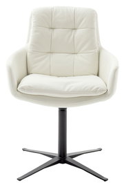 Weißer Armlehnstuhl mit gepolsterter Sitzfläche und Rückenlehne, auf schwarzem Drehfuß, Frontalansicht