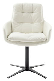 Weißer Armlehnstuhl mit gepolsterter Sitzfläche und Rückenlehne, auf schwarzem Drehfuß, Frontalansicht