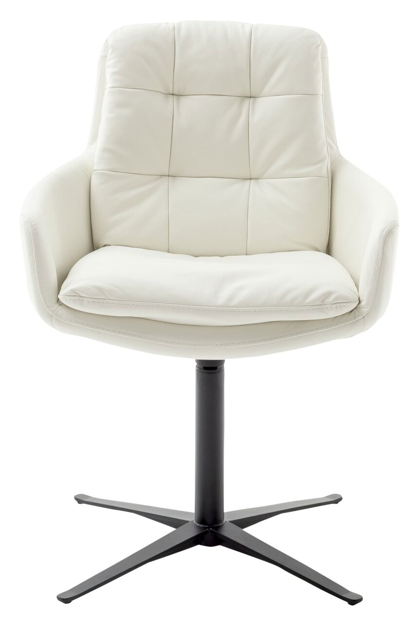 Weißer Armlehnstuhl mit gepolsterter Sitzfläche und Rückenlehne, auf schwarzem Drehfuß, Frontalansicht