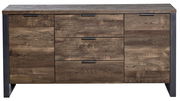Frontansicht eines rustikalen Sideboards mit Holzoptik und drei Schubladen.