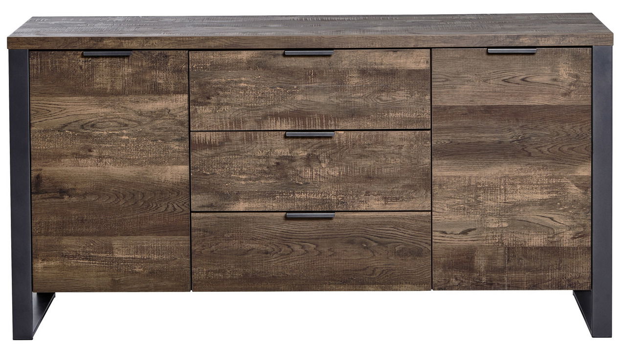 Frontansicht eines rustikalen Sideboards mit Holzoptik und drei Schubladen.