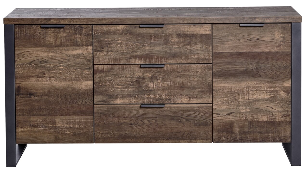 Frontansicht eines rustikalen Sideboards mit Holzoptik und drei Schubladen.