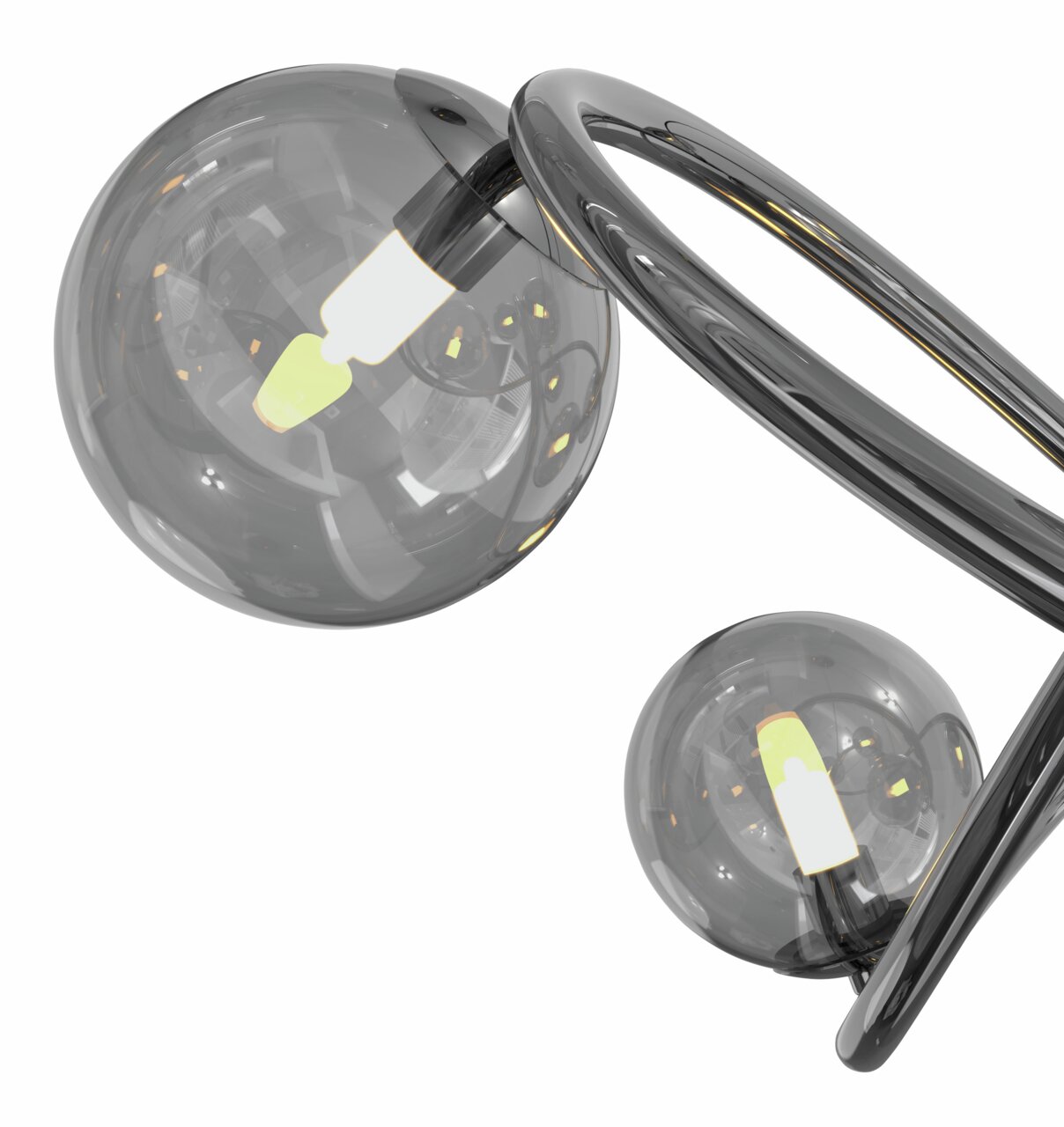 Close-up van een moderne hanglamp met twee rookgrijze glazen bollen en een gebogen metalen frame, gezien vanaf de zijkant.