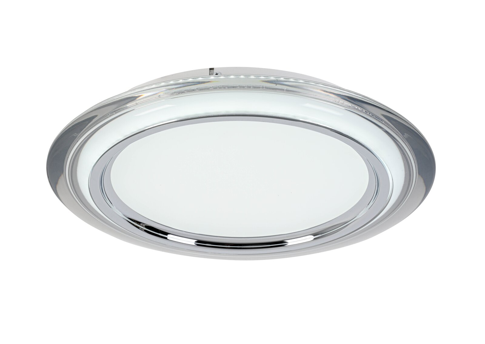 Ronde led-plafondlamp met zilveren rand, gezien van onderaf