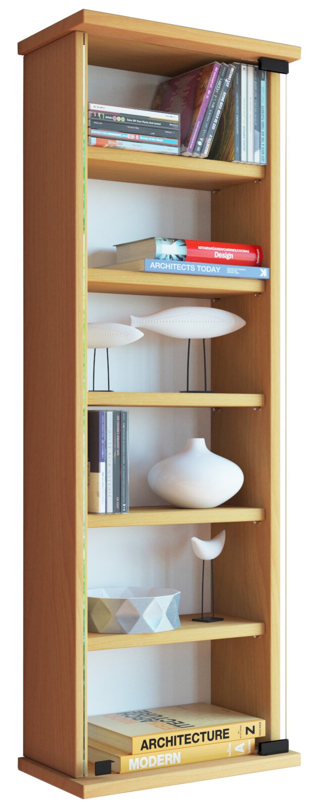VCM CD/DVD Wandregal LOPOSA Schmales, hohes Holz-Bücherregal mit mehreren Einlegeböden, bestückt mit Büchern und Dekoobjekten, in frontaler Perspektive vor weißem Hintergrund