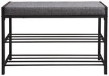 Schuhregal mit gepolsterter Sitzfläche, schwarze Metallstruktur, Vorderansicht