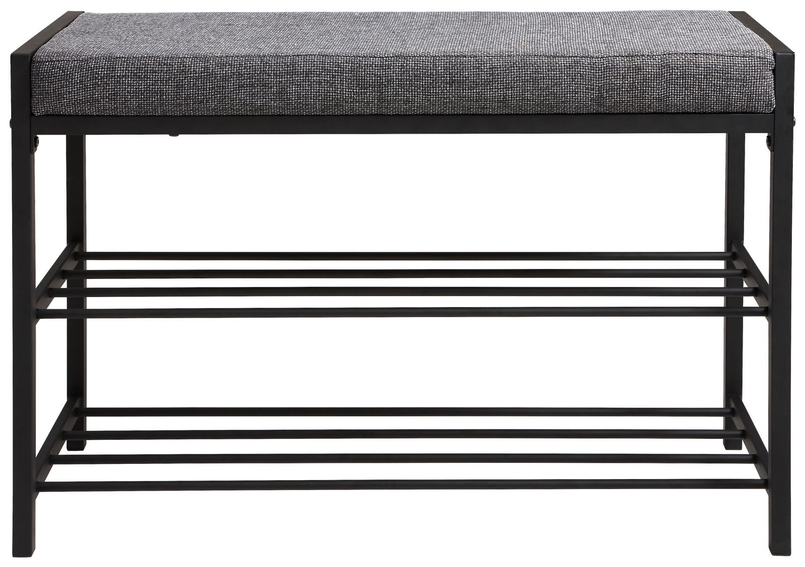 Schuhregal mit gepolsterter Sitzfläche, schwarze Metallstruktur, Vorderansicht