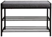 Schuhregal mit gepolsterter Sitzfläche, schwarze Metallstruktur, Vorderansicht