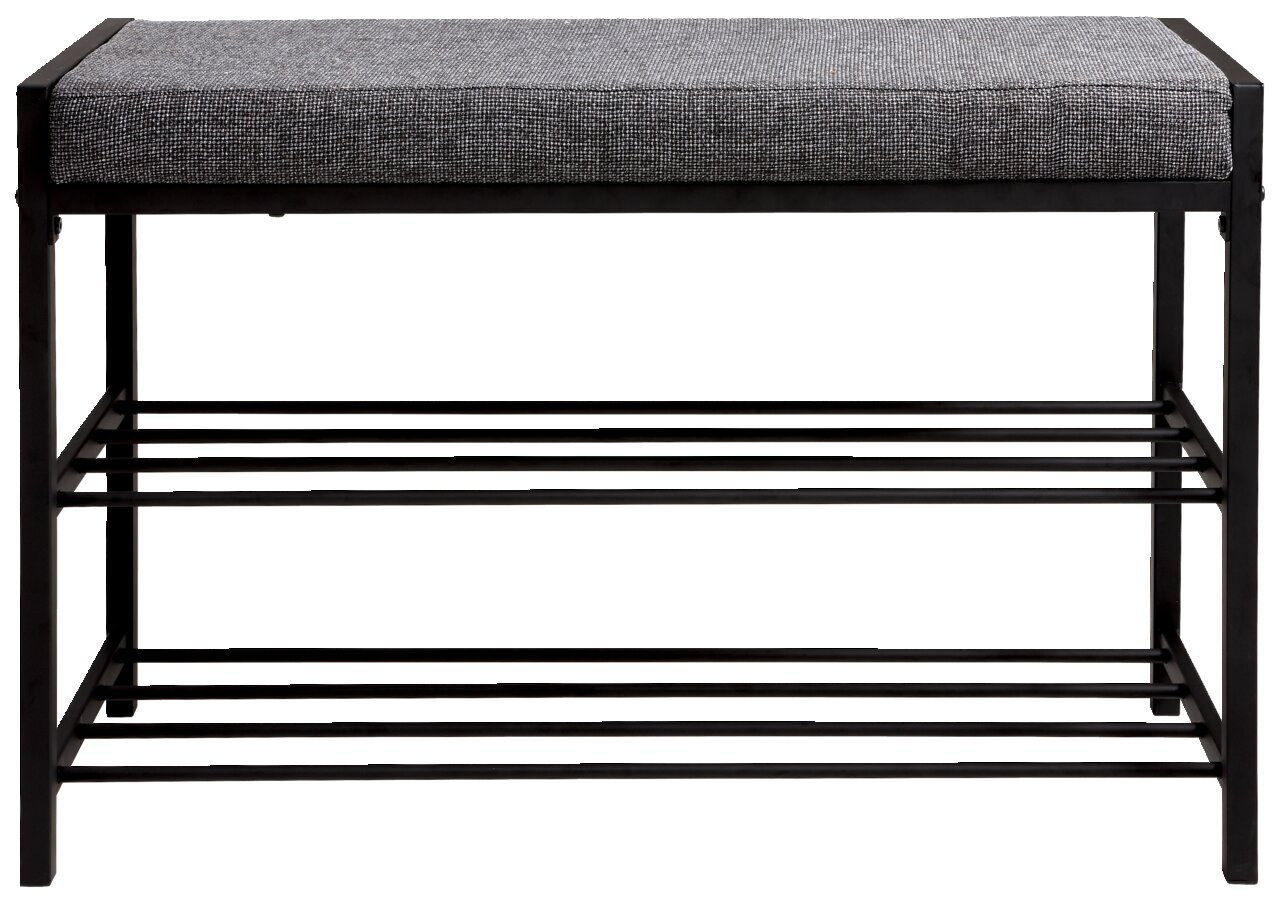 Schuhregal mit gepolsterter Sitzfläche, schwarze Metallstruktur, Vorderansicht