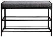 Schuhregal mit gepolsterter Sitzfläche, schwarze Metallstruktur, Vorderansicht