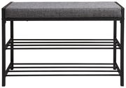 Schuhregal mit gepolsterter Sitzfläche, schwarze Metallstruktur, Vorderansicht