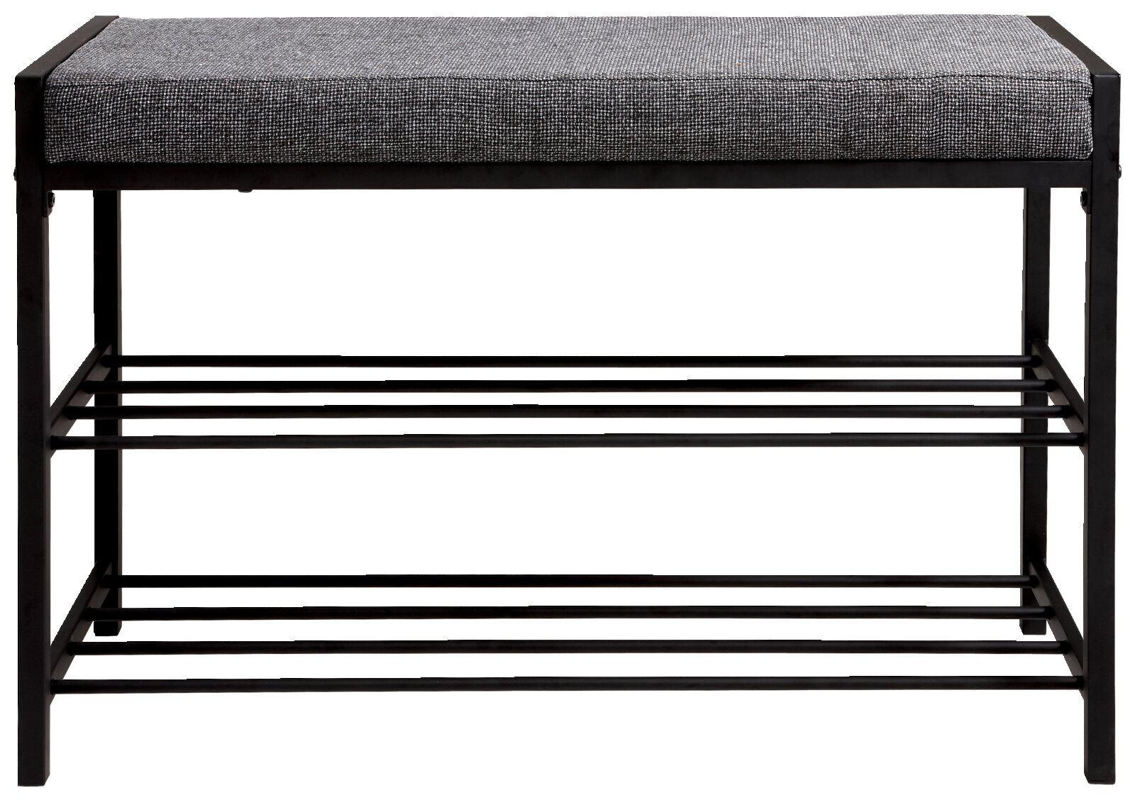 Schuhregal mit gepolsterter Sitzfläche, schwarze Metallstruktur, Vorderansicht